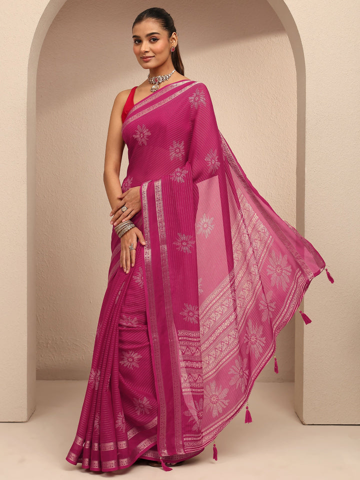 Pink Printed Silk Blend Saree With Unstitched Blouse Piece