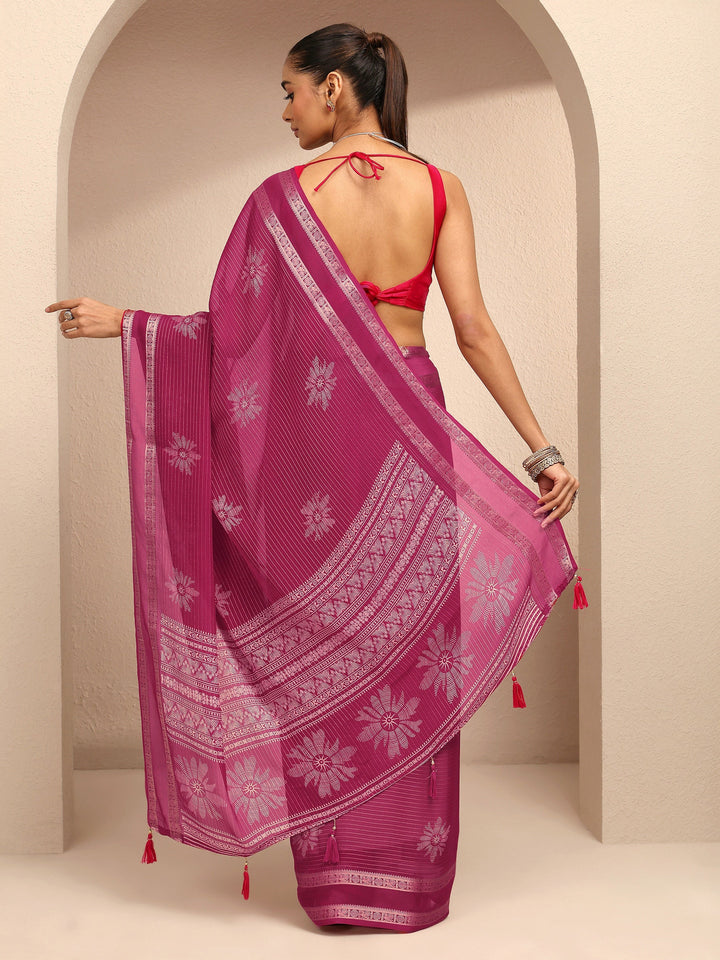Pink Printed Silk Blend Saree With Unstitched Blouse Piece