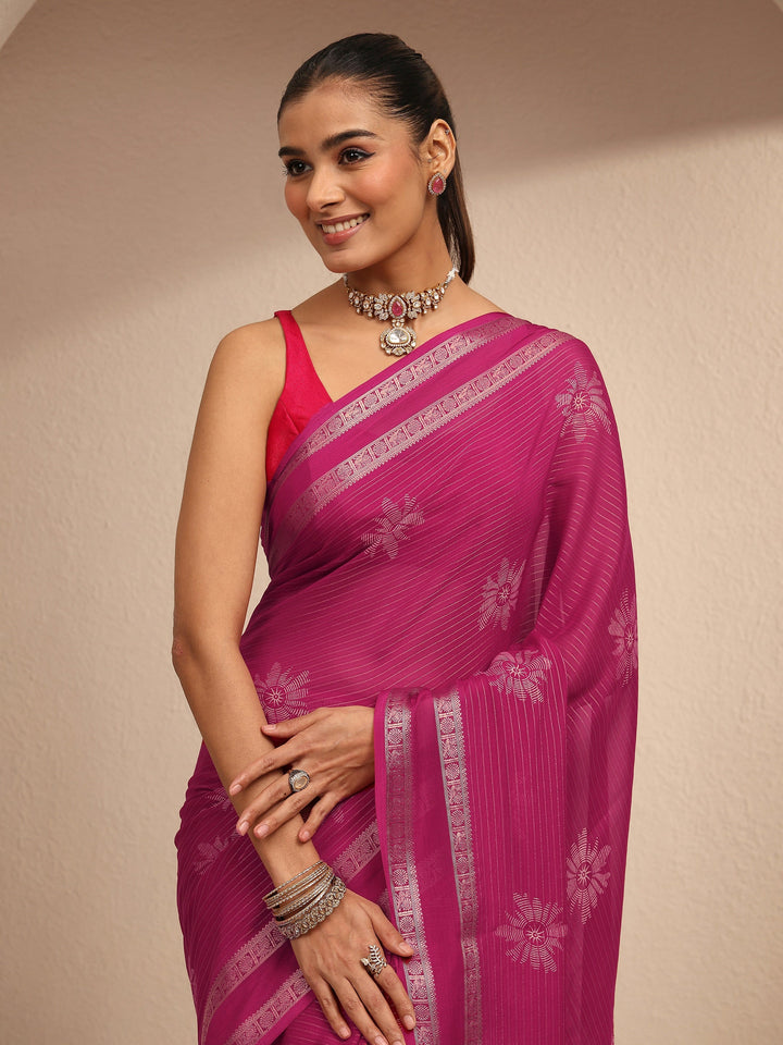 Pink Printed Silk Blend Saree With Unstitched Blouse Piece