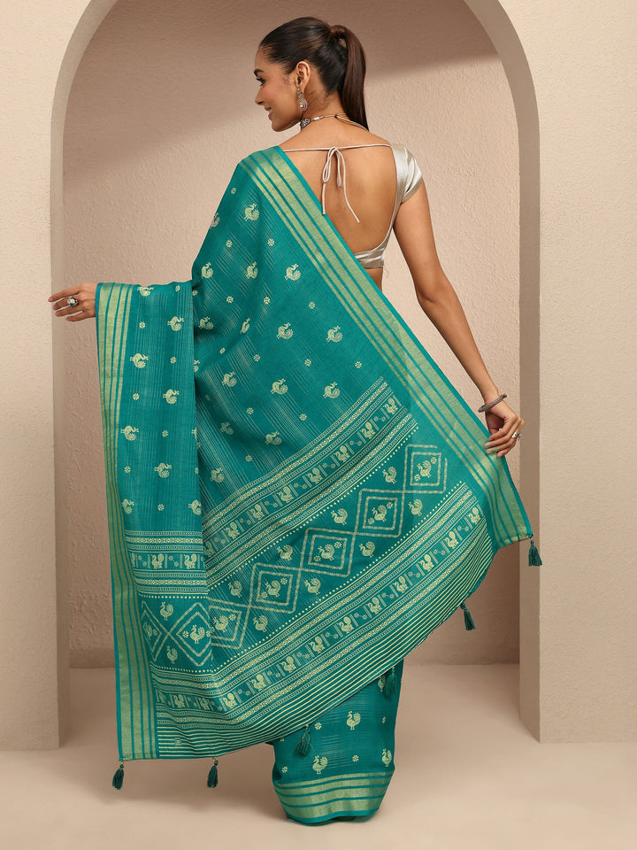 Blue Printed Silk Blend Saree With Unstitched Blouse Piece
