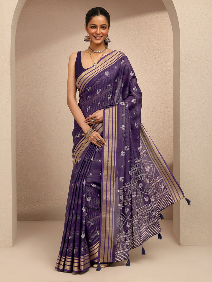 Purple Printed Silk Blend Saree With Unstitched Blouse Piece