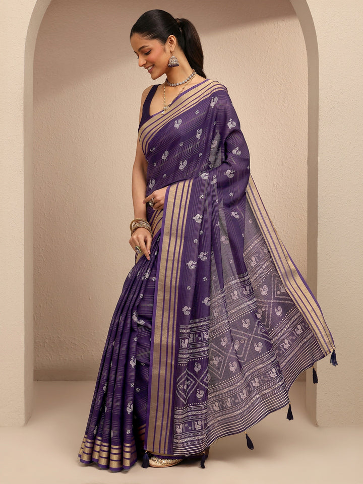 Purple Printed Silk Blend Saree With Unstitched Blouse Piece