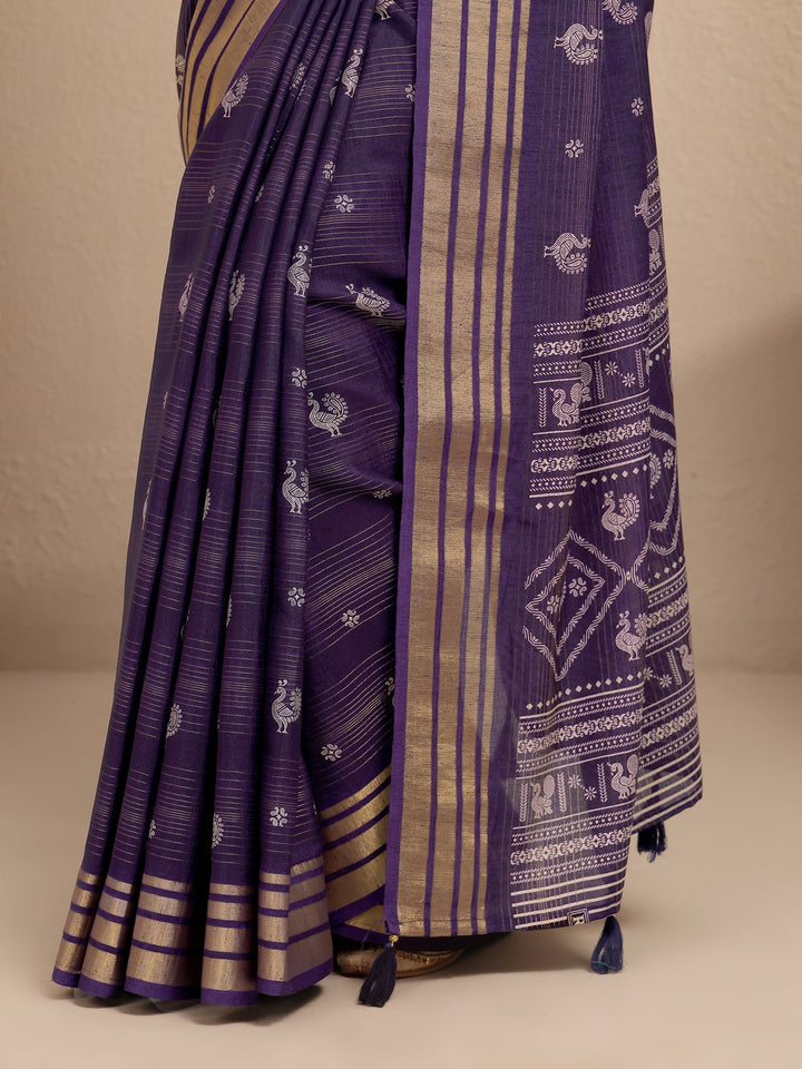 Purple Printed Silk Blend Saree With Unstitched Blouse Piece