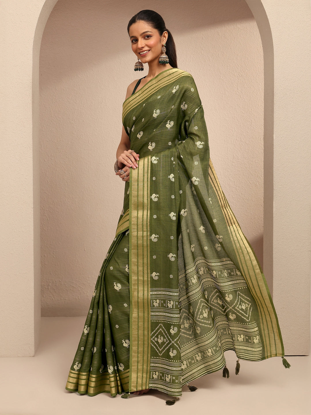 Green Printed Silk Blend Saree With Unstitched Blouse Piece