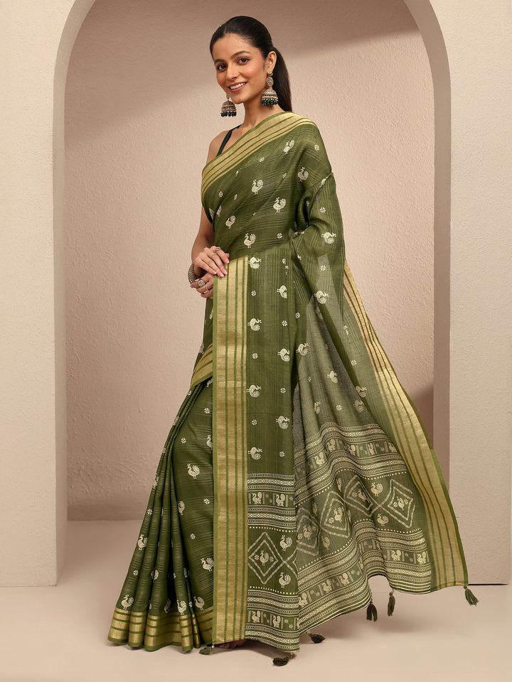 Green Printed Silk Blend Saree With Unstitched Blouse Piece