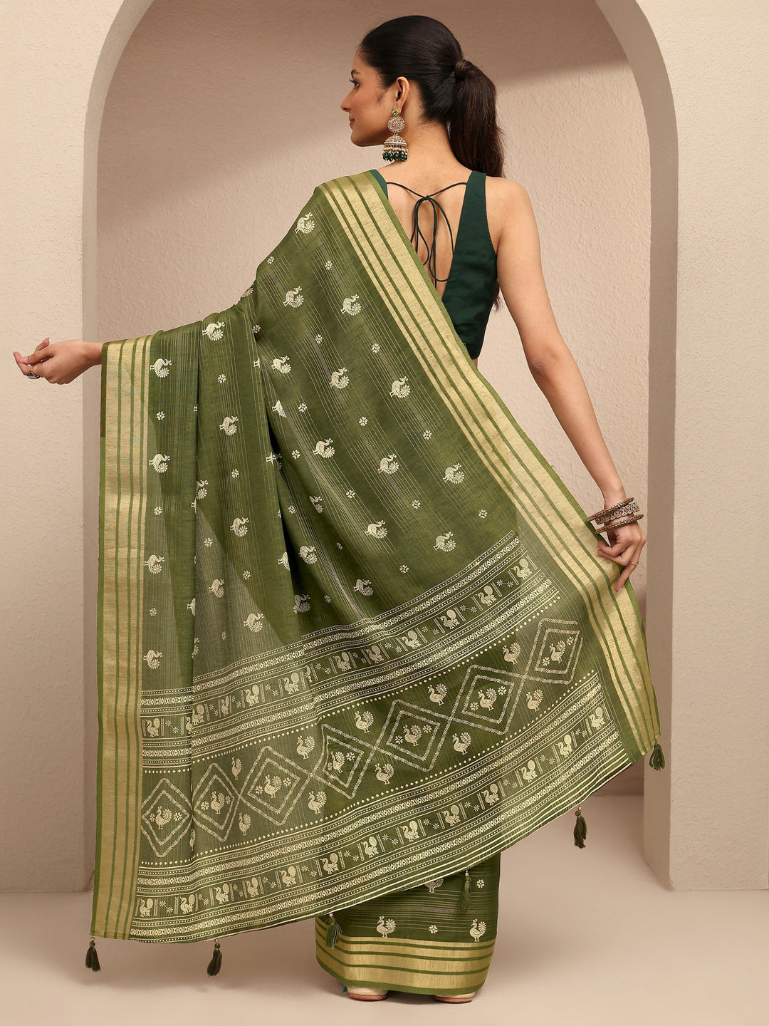 Green Printed Silk Blend Saree With Unstitched Blouse Piece