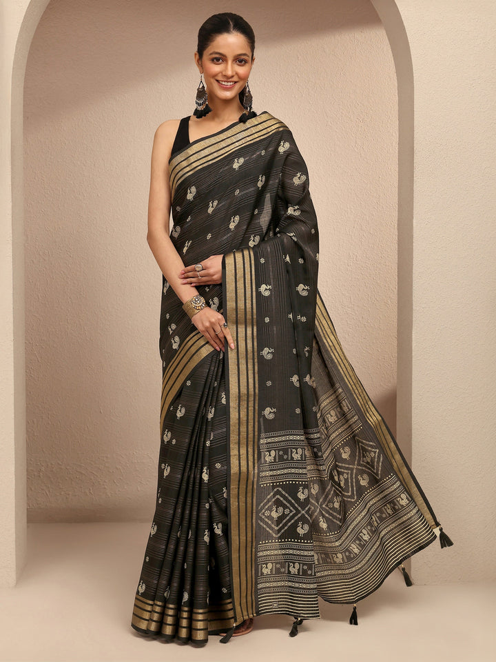 Black Printed Silk Blend Saree With Unstitched Blouse Piece
