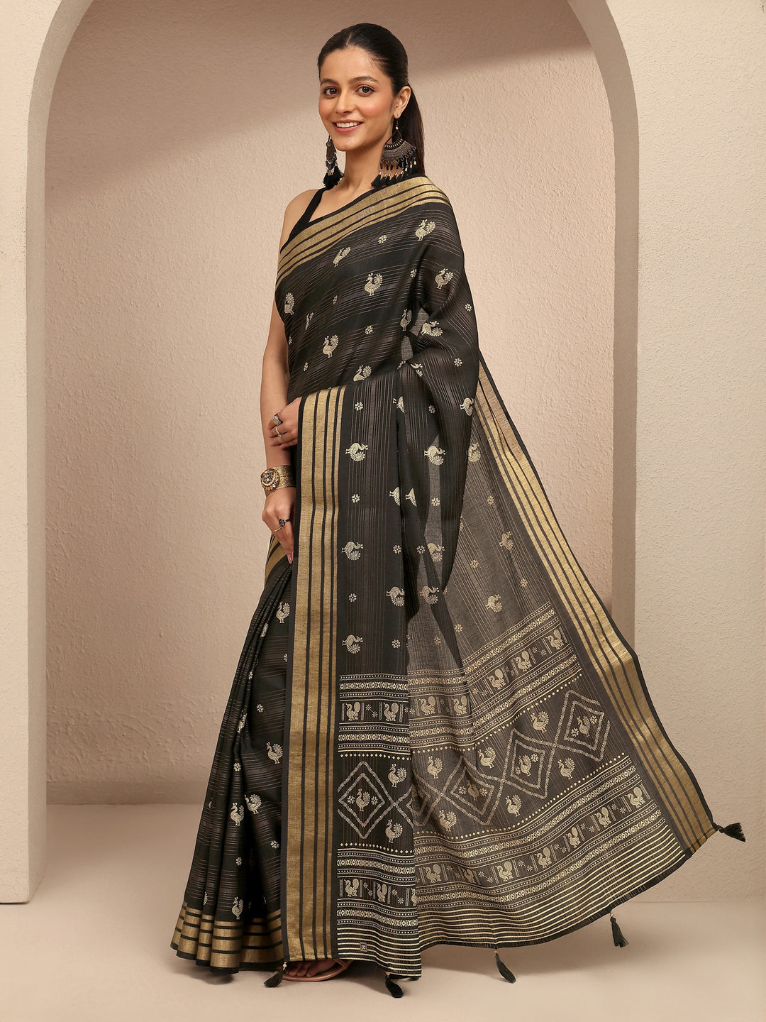 Black Printed Silk Blend Saree With Unstitched Blouse Piece