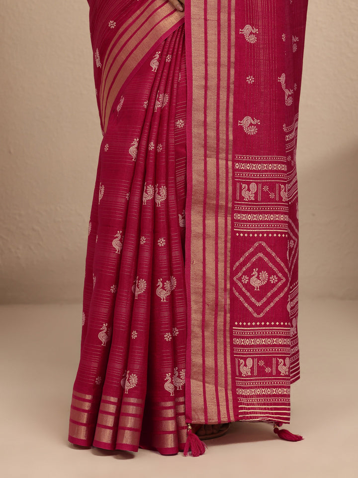Red Printed Silk Blend Saree With Unstitched Blouse Piece