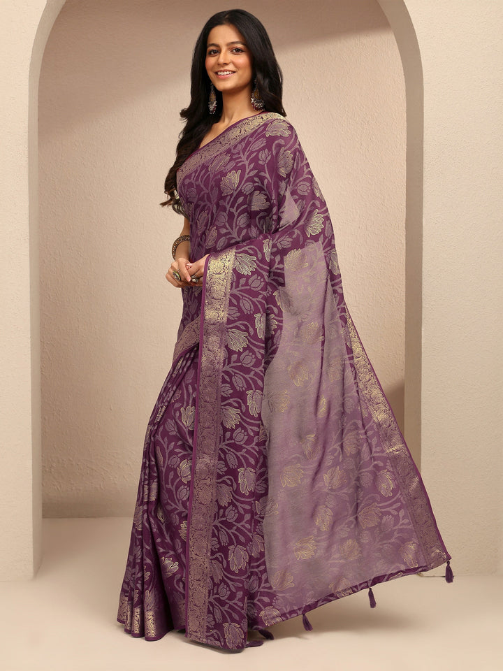 Burgundy Embellished Silk Blend Saree With Unstitched Blouse Piece