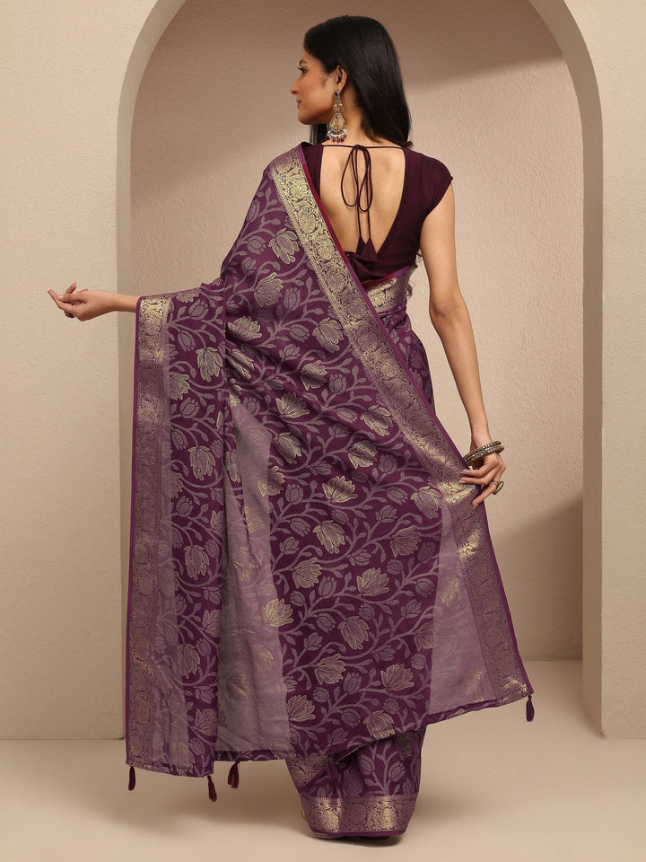 Burgundy Embellished Silk Blend Saree With Unstitched Blouse Piece