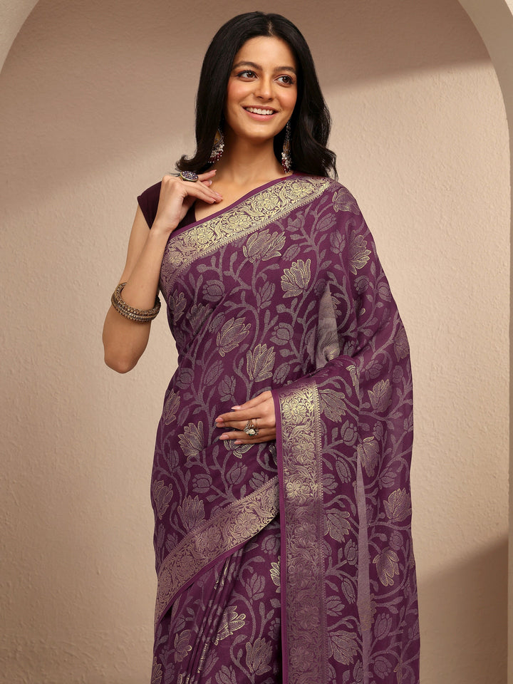 Burgundy Embellished Silk Blend Saree With Unstitched Blouse Piece
