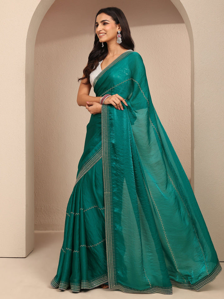 Green Embellished Silk Blend Saree With Unstitched Blouse Piece