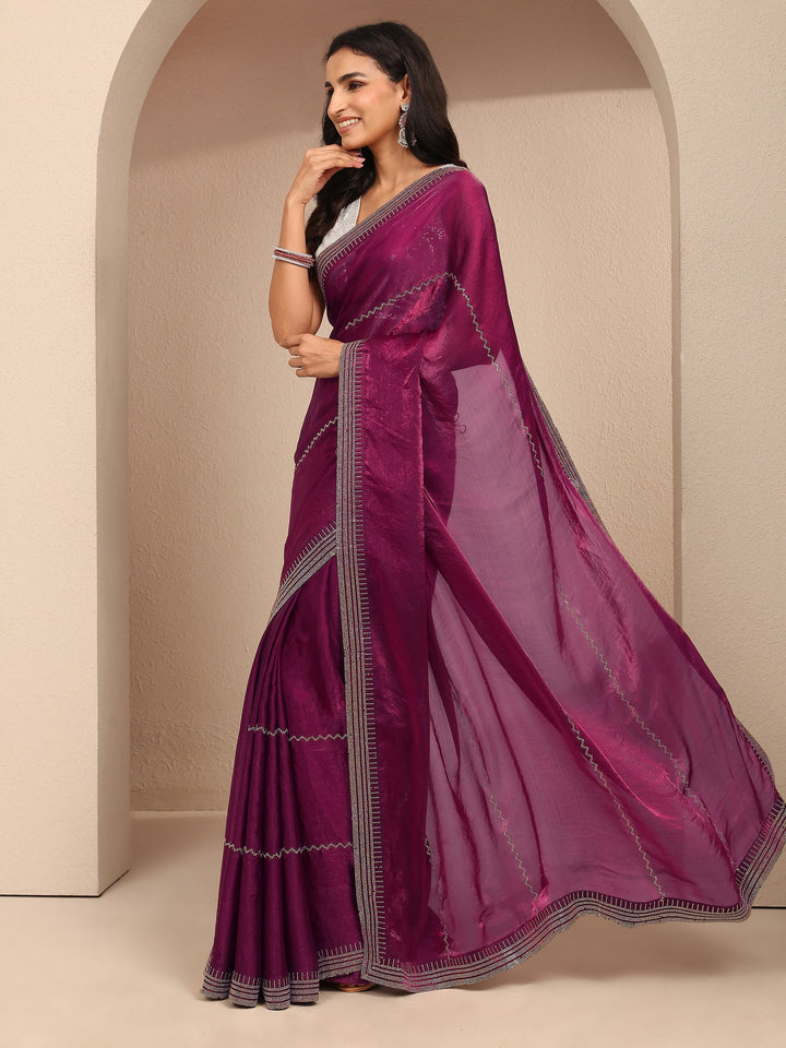 Magenta Embellished Silk Blend Saree With Unstitched Blouse Piece
