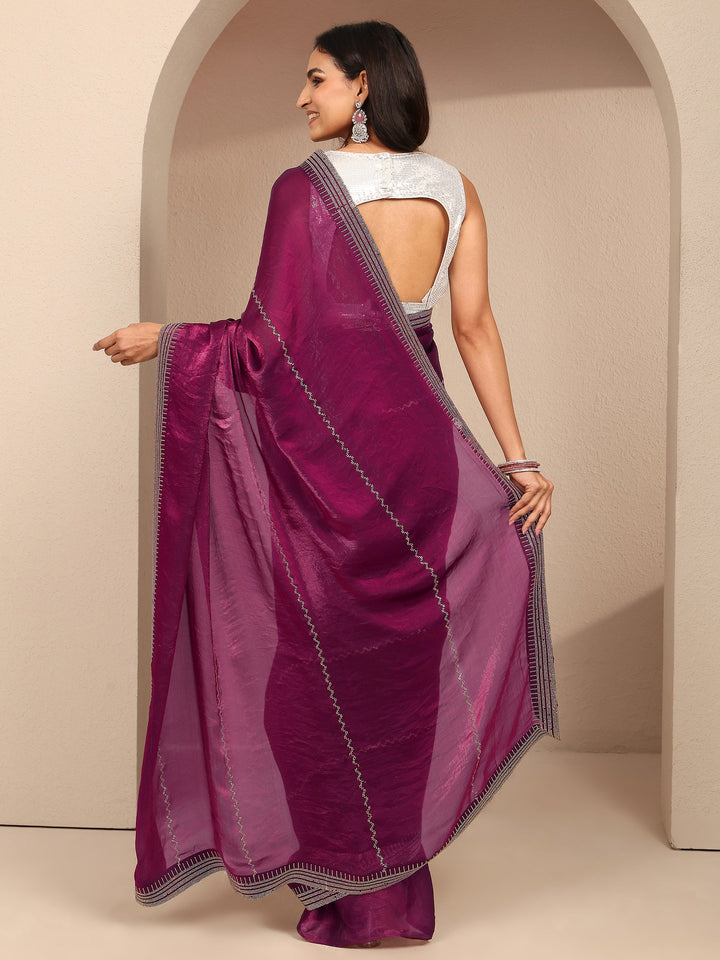 Magenta Embellished Silk Blend Saree With Unstitched Blouse Piece