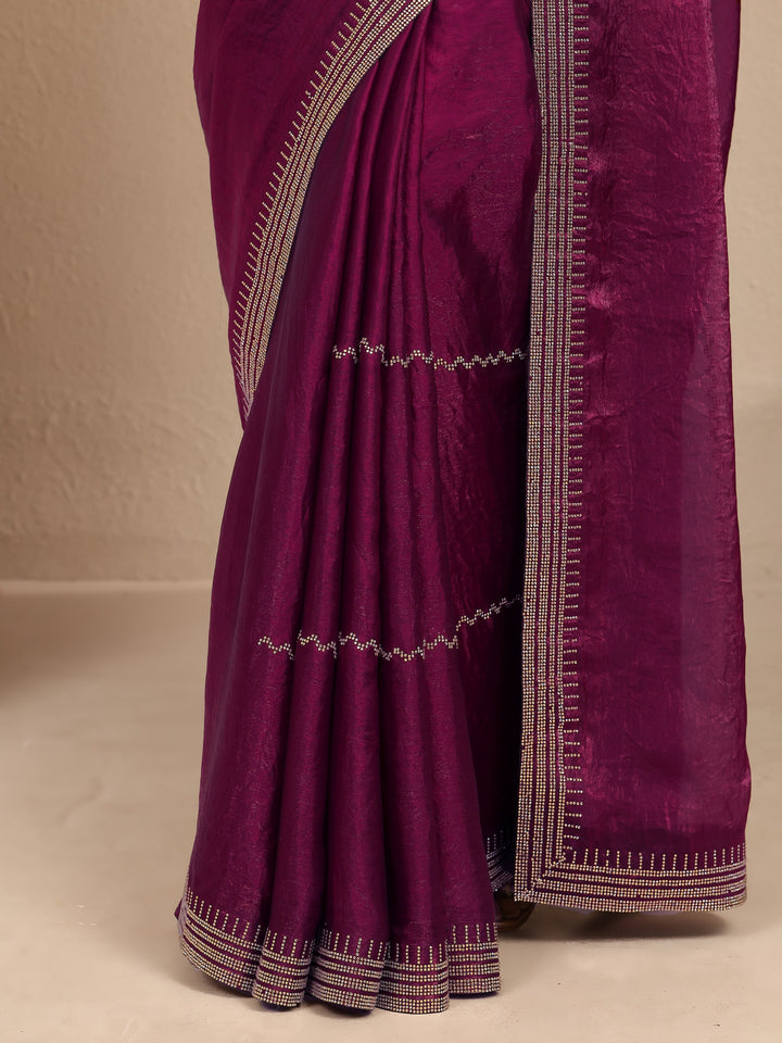Magenta Embellished Silk Blend Saree With Unstitched Blouse Piece
