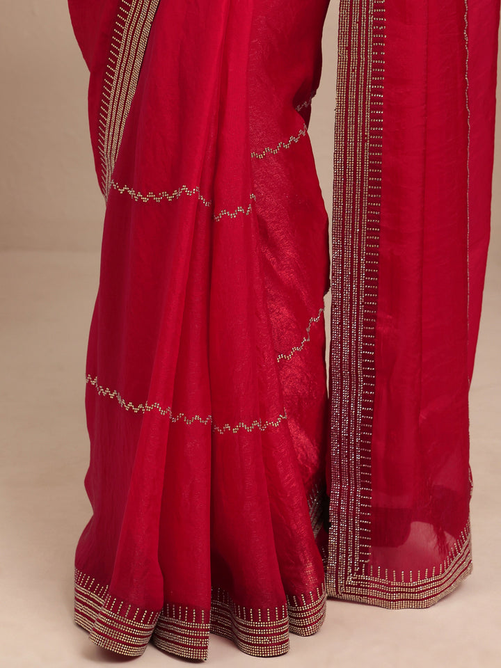Red Embellished Silk Blend Saree With Unstitched Blouse Piece