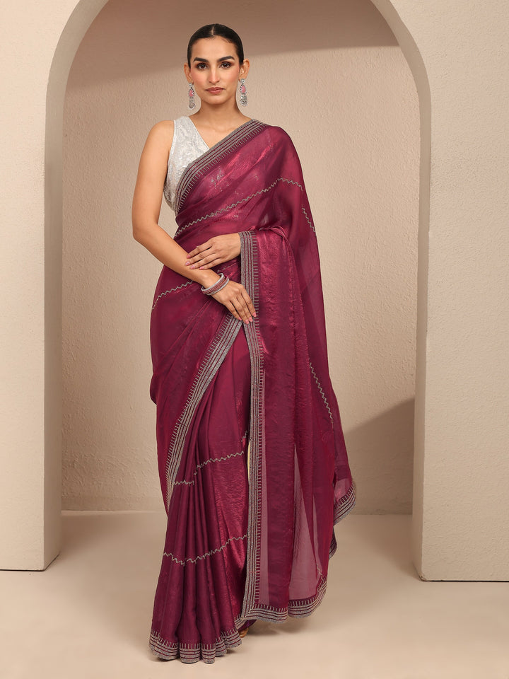 Maroon Embellished Silk Blend Saree With Unstitched Blouse Piece