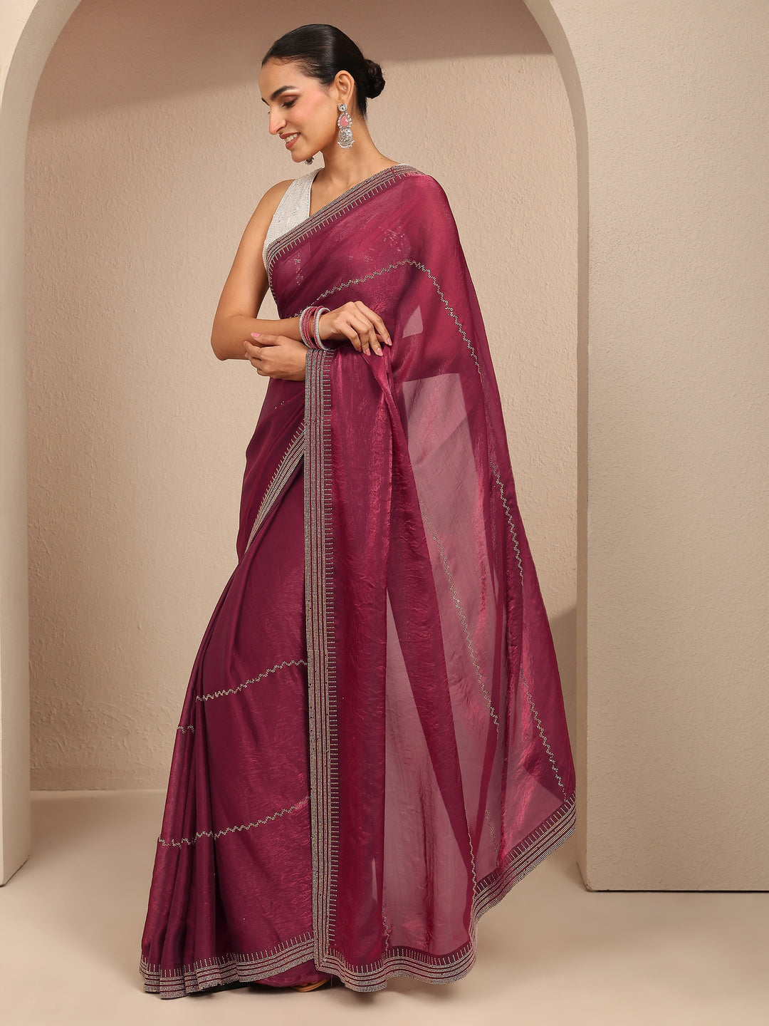 Maroon Embellished Silk Blend Saree With Unstitched Blouse Piece
