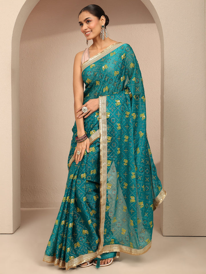 Blue Tribal Printed Silk Blend Saree With Unstitched Blouse Piece