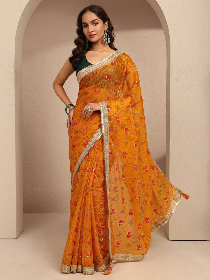 Mustard Tribal Printed Silk Blend Saree With Unstitched Blouse Piece