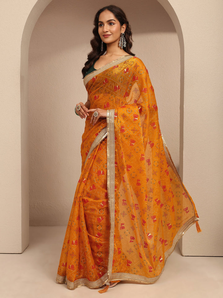 Mustard Tribal Printed Silk Blend Saree With Unstitched Blouse Piece