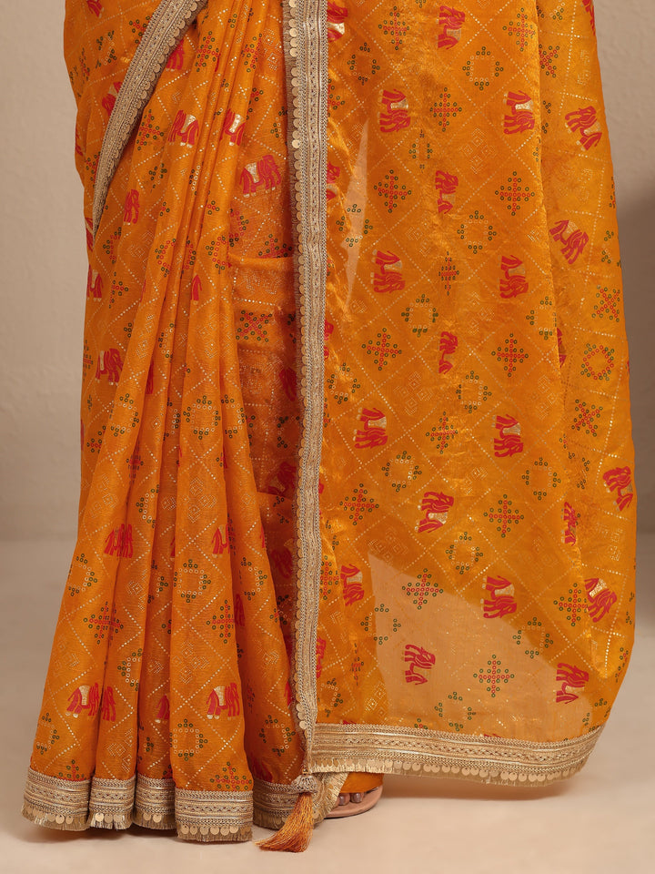 Mustard Tribal Printed Silk Blend Saree With Unstitched Blouse Piece