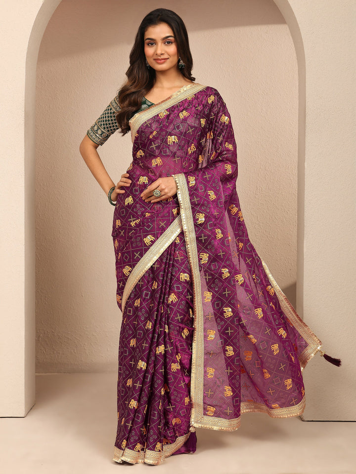 Burgundy Tribal Printed Silk Blend Saree With Unstitched Blouse Piece
