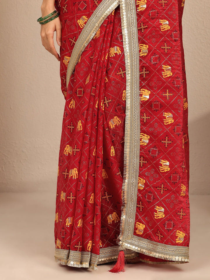 Red Tribal Printed Silk Blend Saree With Unstitched Blouse Piece