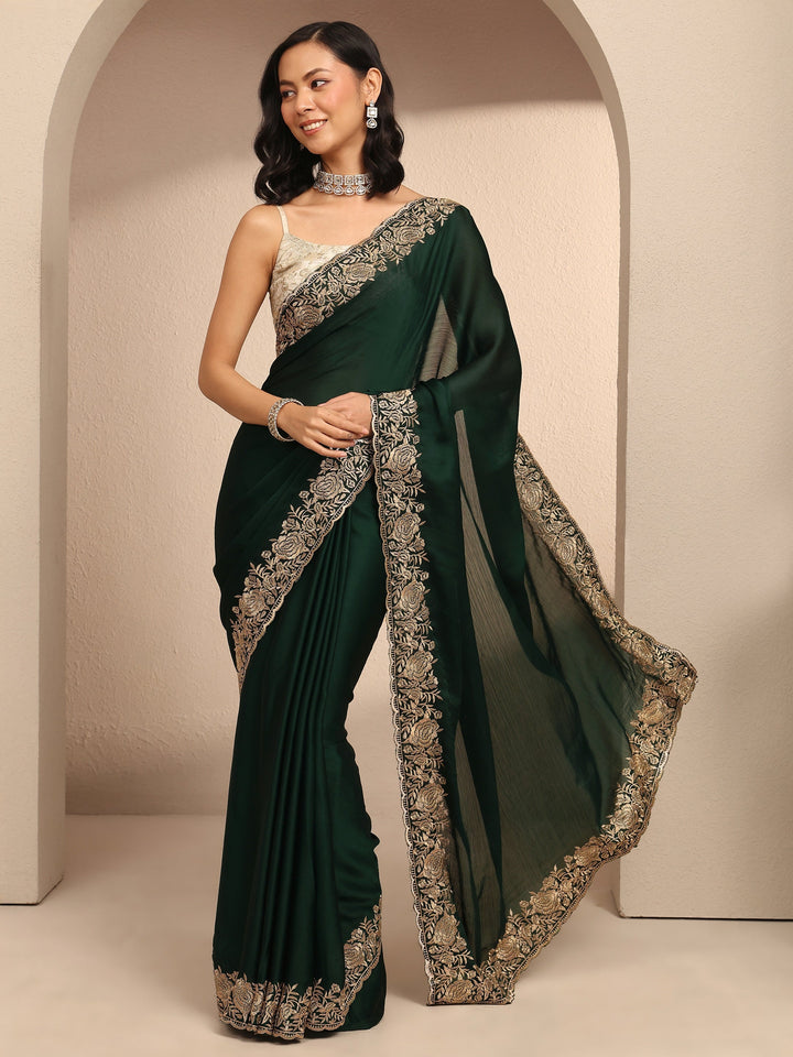 Green Embroidered Silk Blend Saree With Unstitched Blouse Piece
