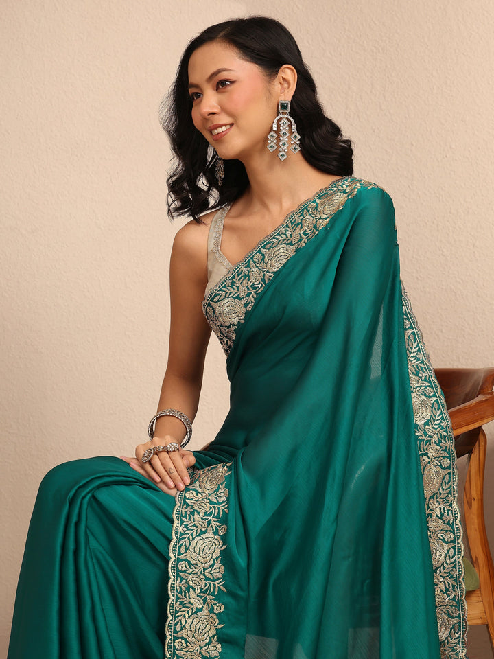 Blue Embroidered Silk Blend Saree With Unstitched Blouse Piece