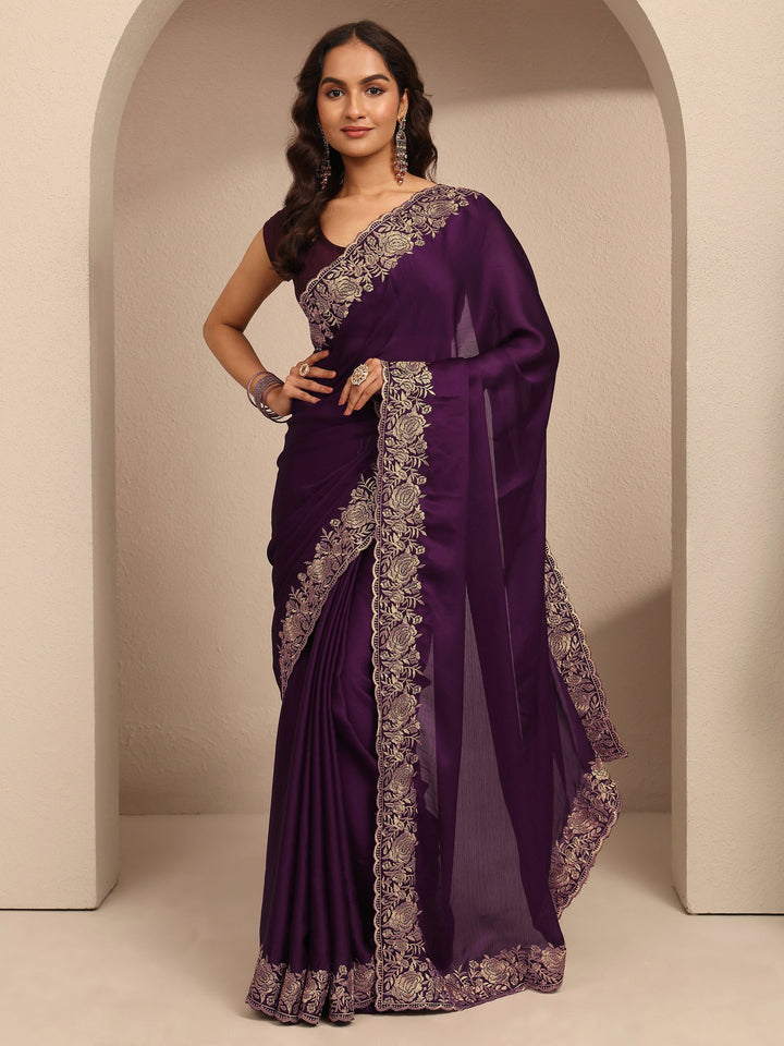 Burgundy Embroidered Silk Blend Saree With Unstitched Blouse Piece