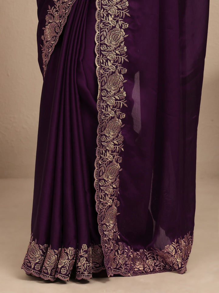 Burgundy Embroidered Silk Blend Saree With Unstitched Blouse Piece