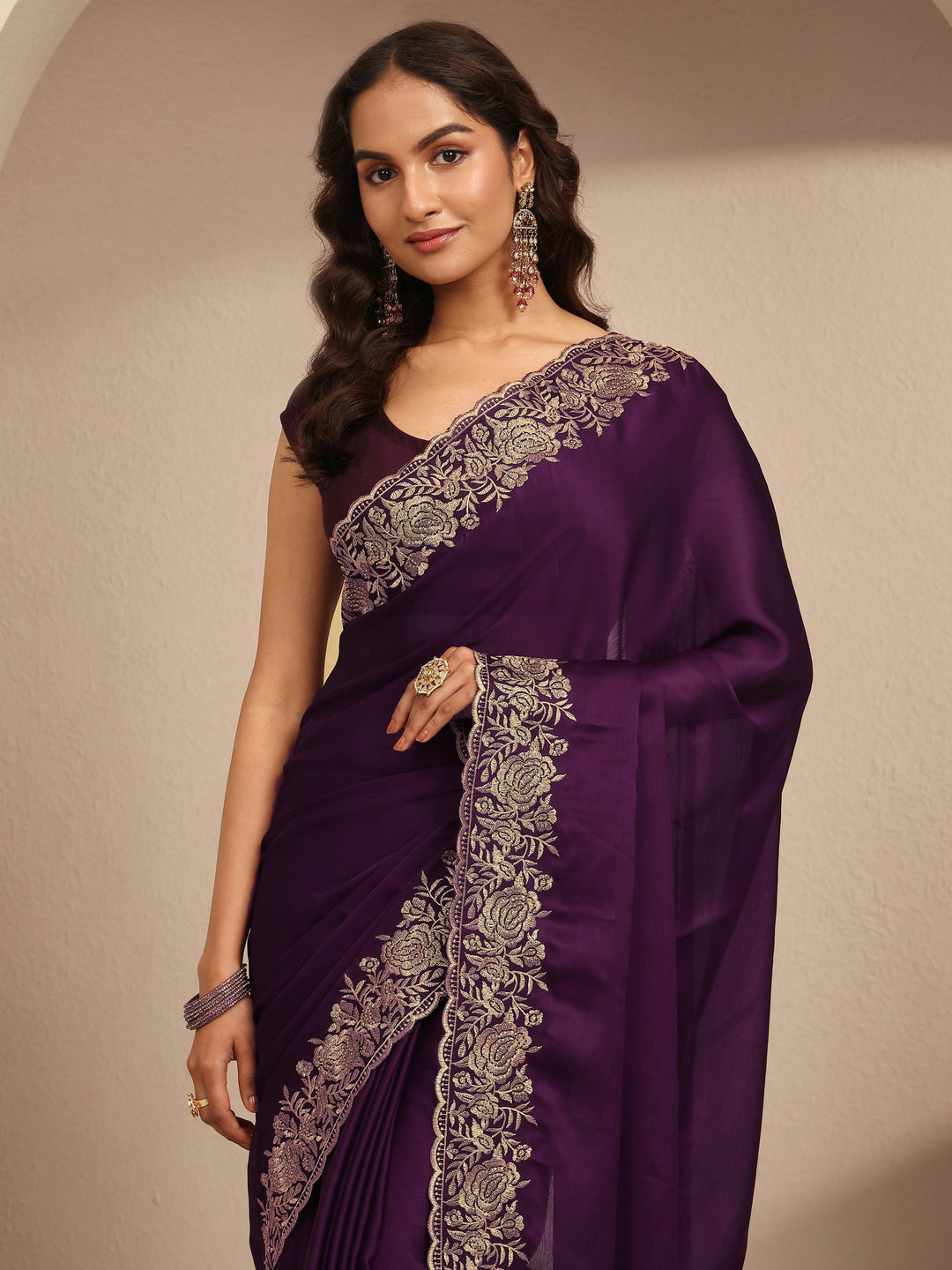 Burgundy Embroidered Silk Blend Saree With Unstitched Blouse Piece