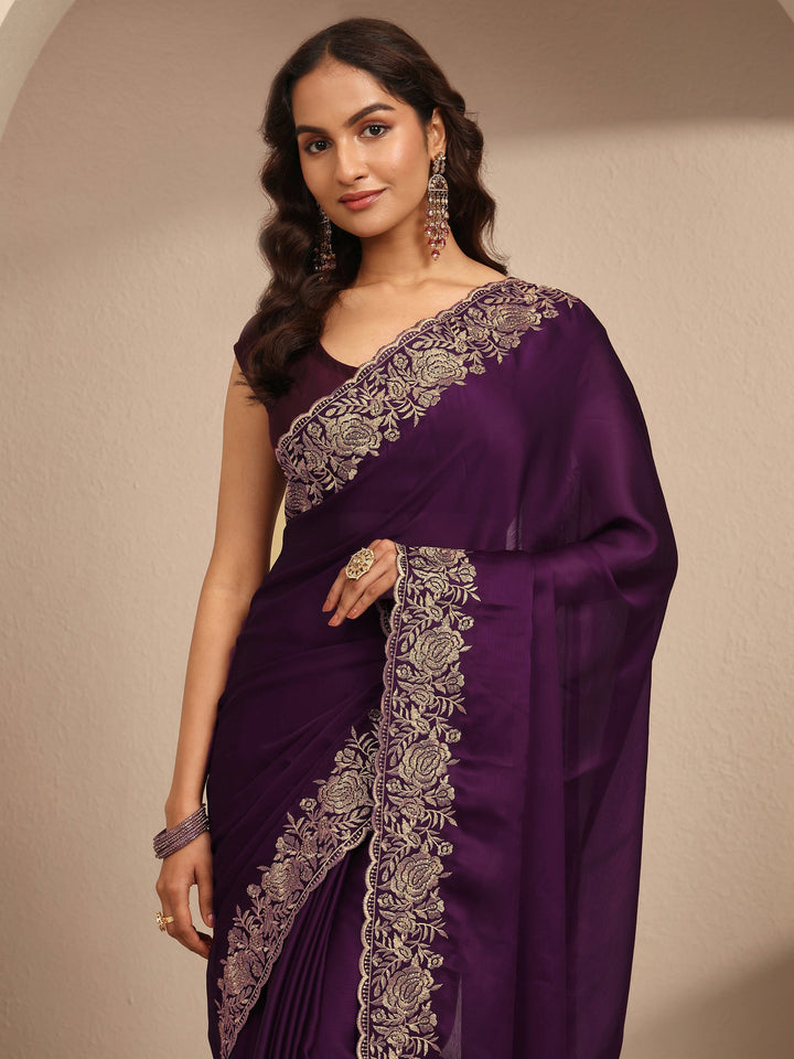 Burgundy Embroidered Silk Blend Saree With Unstitched Blouse Piece