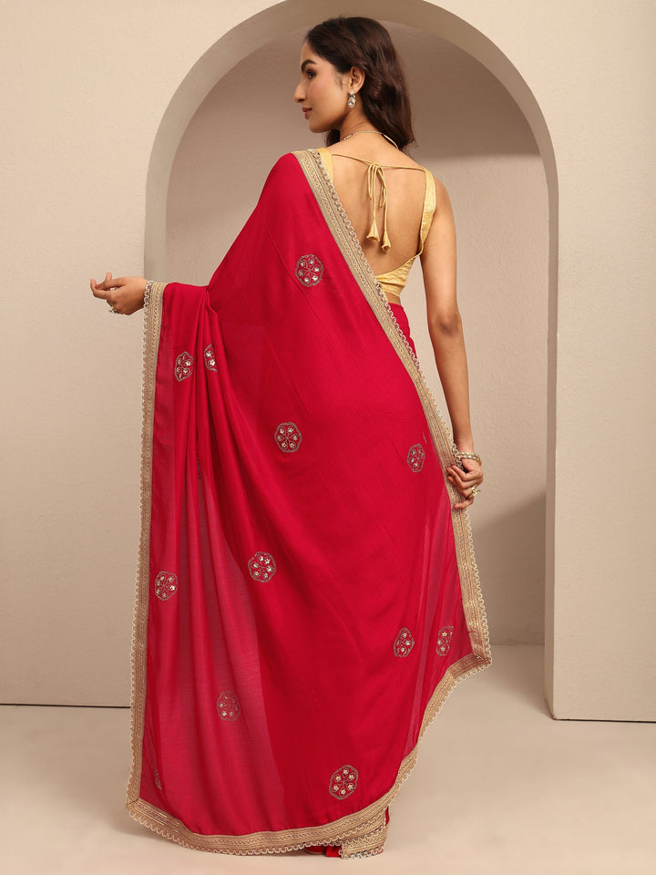 Red Embellished Silk Blend Saree With Unstitched Blouse Piece