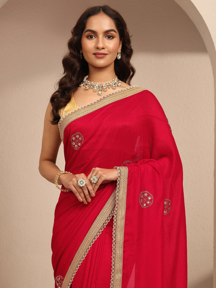 Red Embellished Silk Blend Saree With Unstitched Blouse Piece
