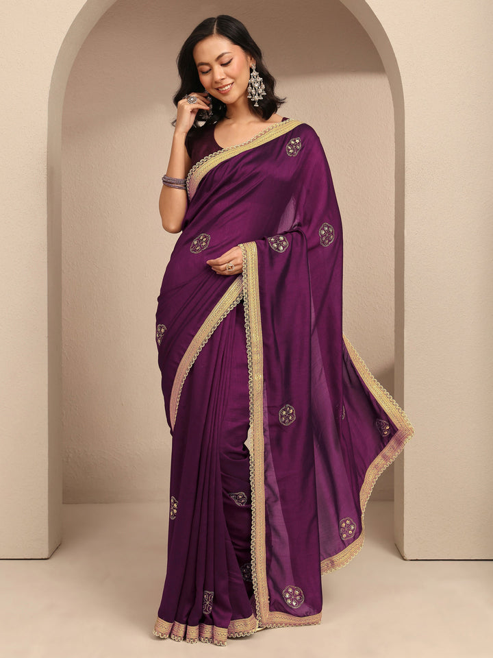 Burgundy Embellished Silk Blend Saree With Unstitched Blouse Piece