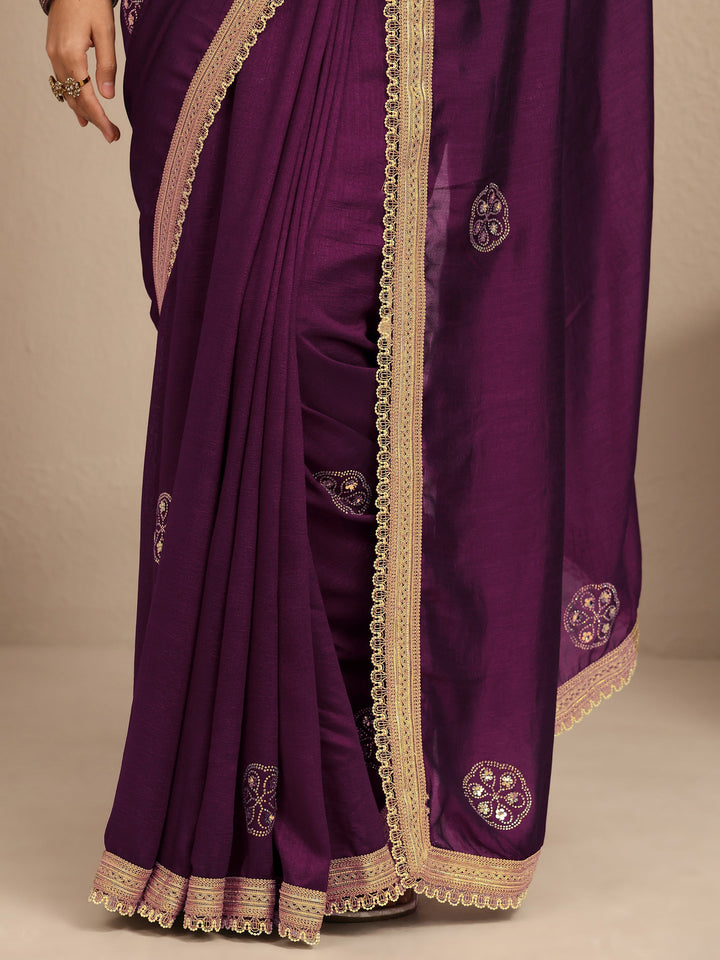 Burgundy Embellished Silk Blend Saree With Unstitched Blouse Piece