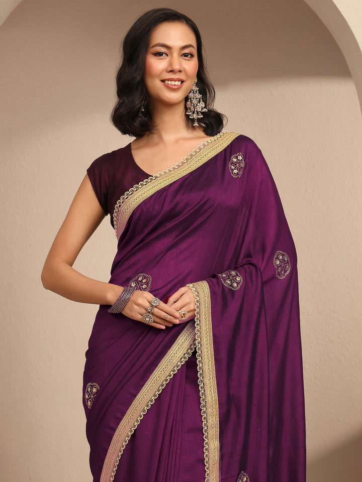 Burgundy Embellished Silk Blend Saree With Unstitched Blouse Piece