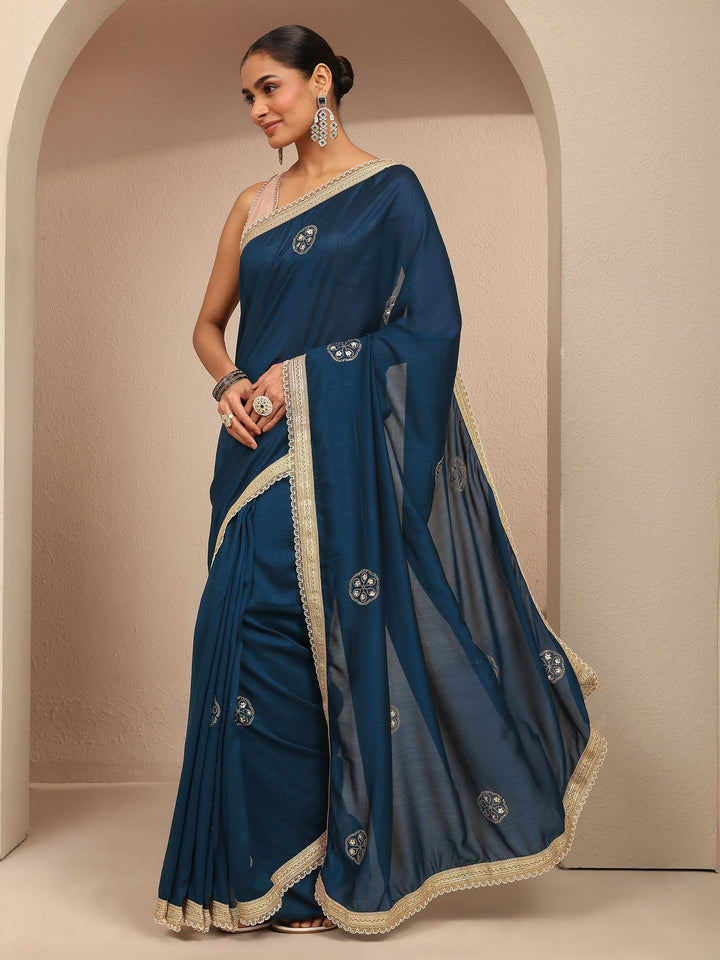 Blue Embellished Silk Blend Saree With Unstitched Blouse Piece