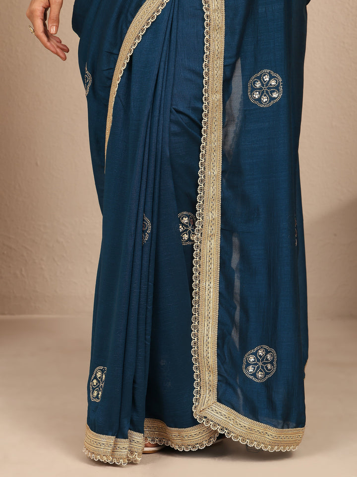 Blue Embellished Silk Blend Saree With Unstitched Blouse Piece