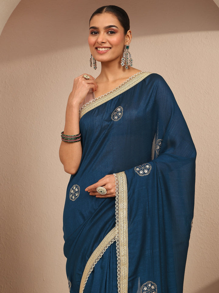 Blue Embellished Silk Blend Saree With Unstitched Blouse Piece