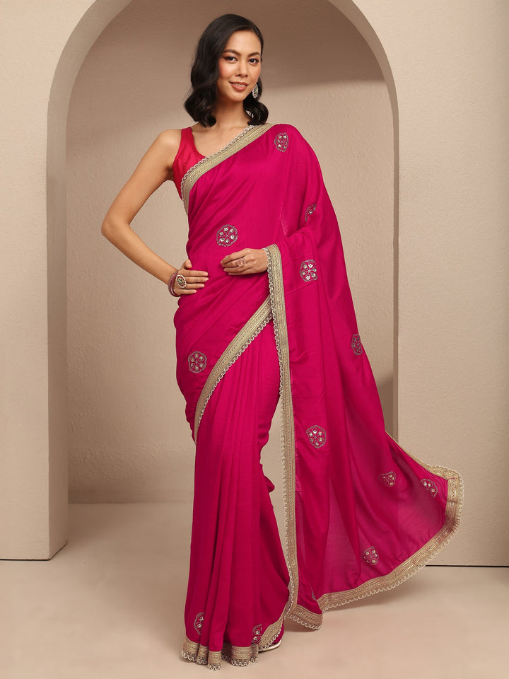 Pink Embellished Silk Blend Saree With Unstitched Blouse Piece