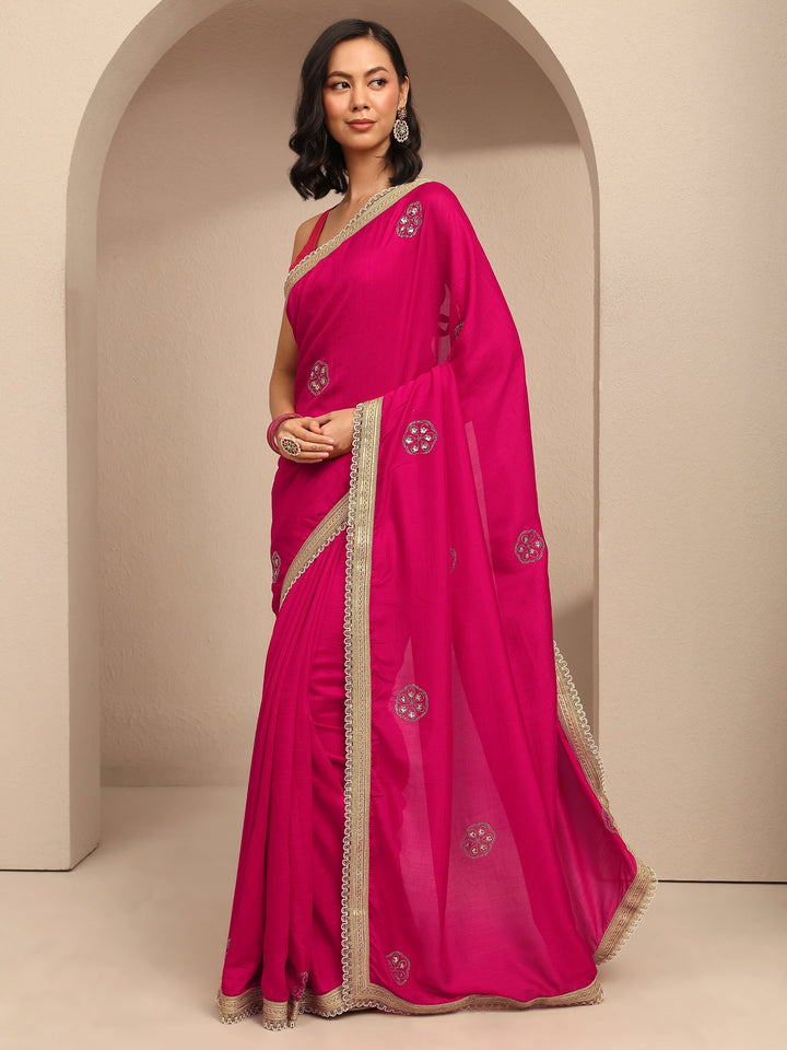 Pink Embellished Silk Blend Saree With Unstitched Blouse Piece