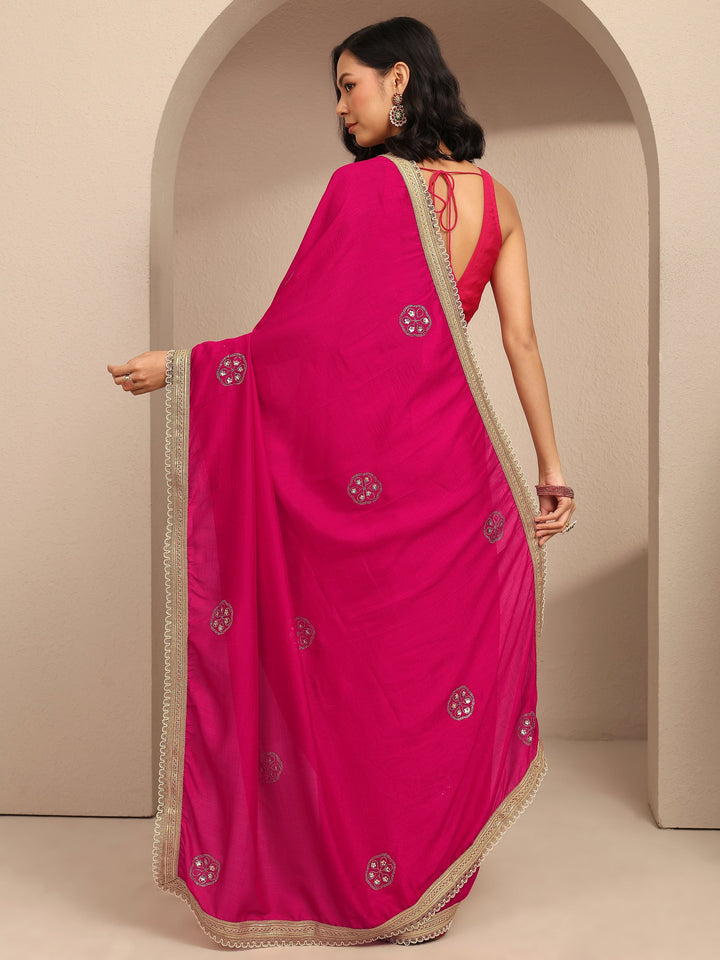 Pink Embellished Silk Blend Saree With Unstitched Blouse Piece