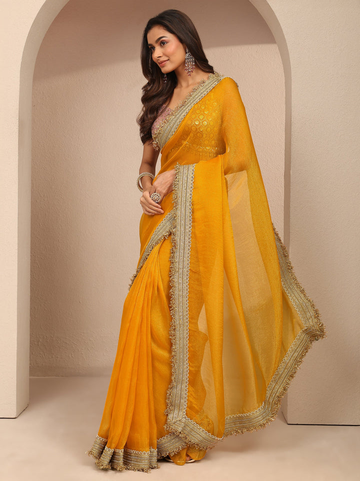 Mustard Solid Silk Blend Saree With Unstitched Blouse Piece