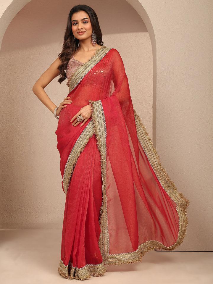 Red Solid Silk Blend Saree With Unstitched Blouse Piece