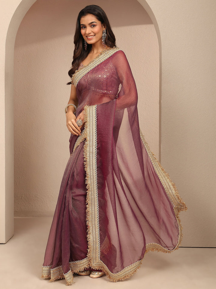 Maroon Solid Silk Blend Saree With Unstitched Blouse Piece