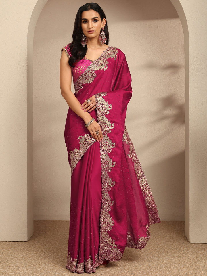 Magenta Embellished Silk Blend Saree With Unstitched Blouse Piece